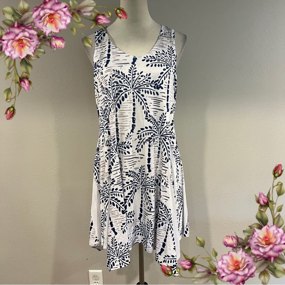Sleeveless White and Blue Palm Print Dress